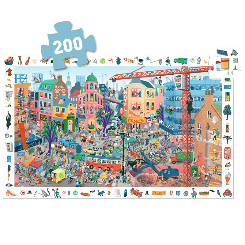 Puzzle Djeco Observação A cidade 200 peças completo, exibindo a ilustração detalhada da cidade e os elementos a serem encontrados.
