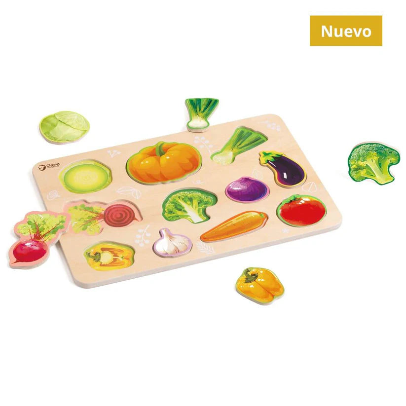 Puzzle de encaixe Classic World Vegetais com peças de madeira coloridas de brócolos e pimento fora da base.