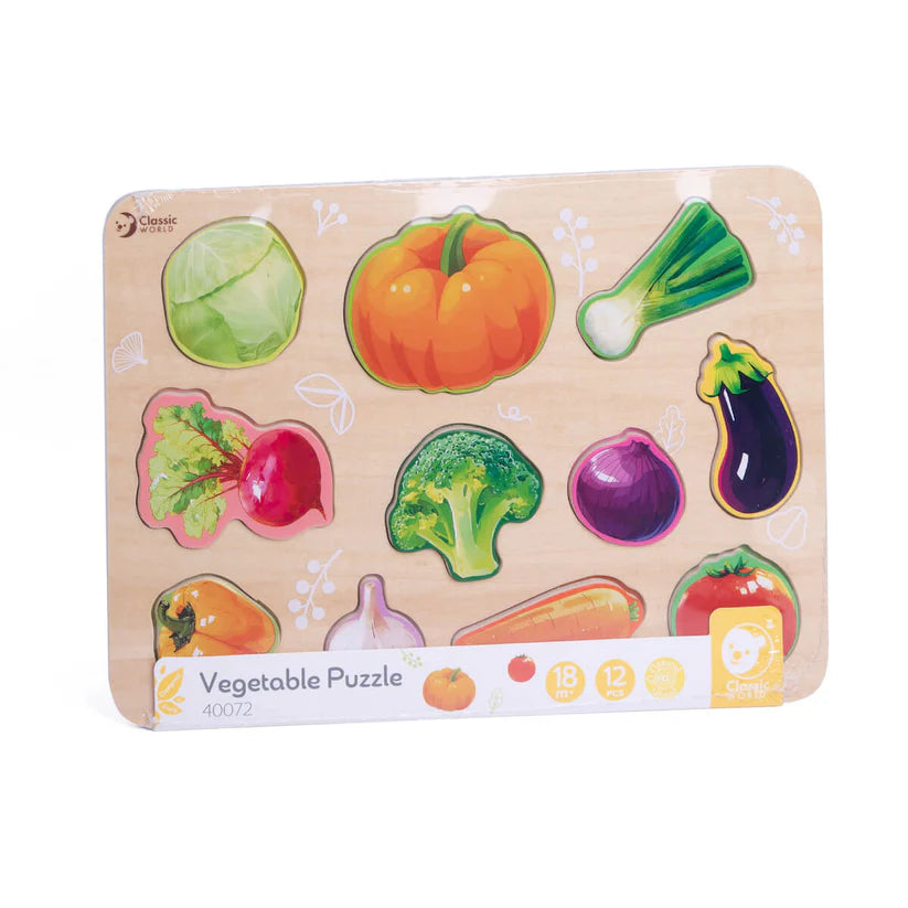 Classic World Puzzle de encaixe Vegetais completo e embalado, apresentando diversas ilustrações de vegetais em madeira.