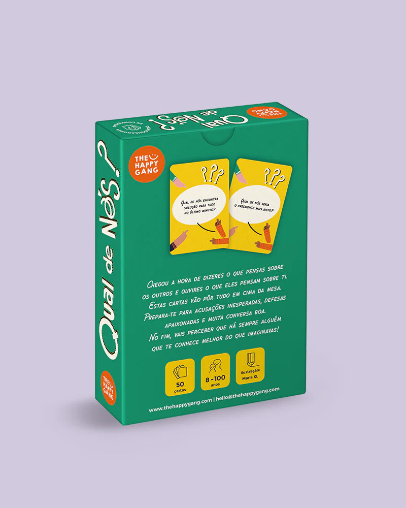 Verso da caixa do jogo THE HAPPY GANG - Qual de nós?, mostrando a descrição, idade recomendada (8-100 anos), 50 cartas e o ilustrador.