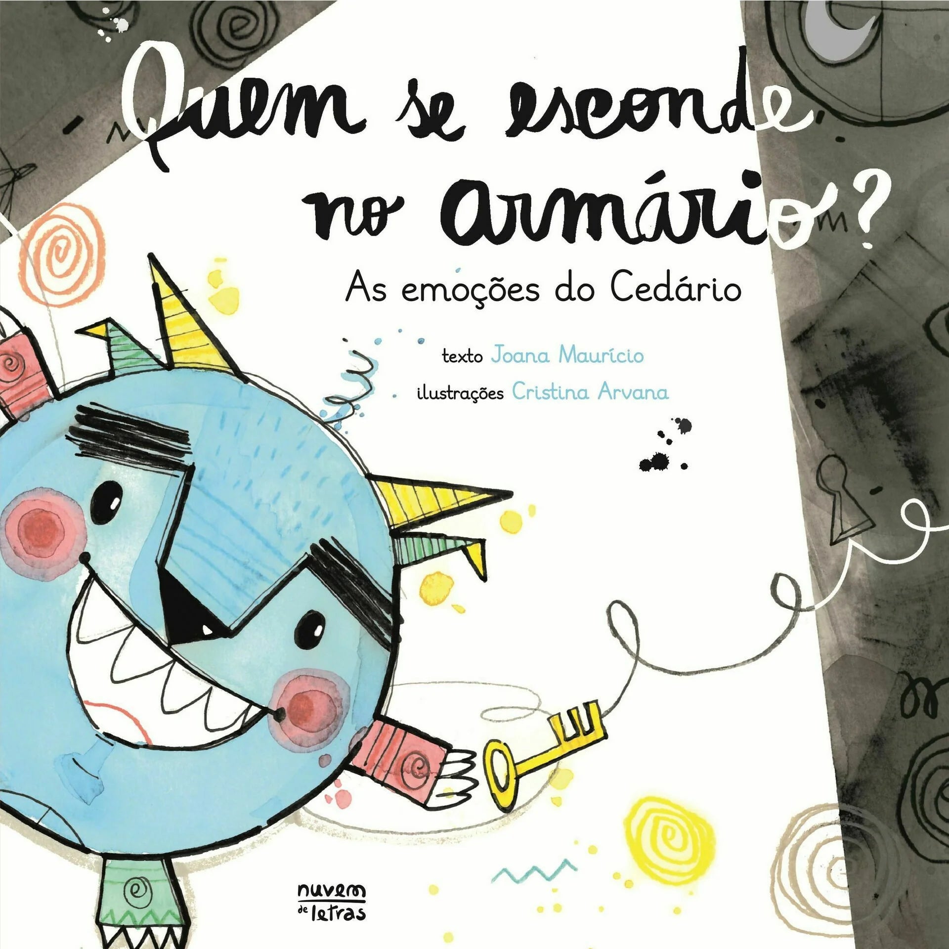 Capa do livro infantil "Quem Se Esconde no Armário?", com ilustração de um monstro azul sorridente e segurando uma chave amarela.