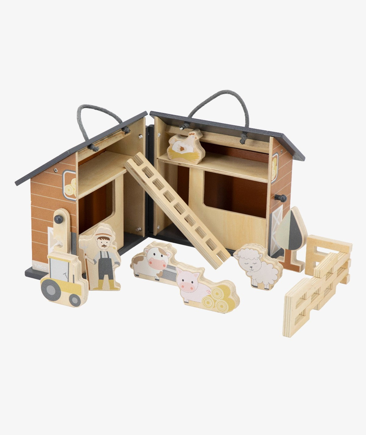 Quinta dobrável em madeira Tryco aberta, mostrando todos os seus componentes: animais, fazendeiro, cerca e escada. Brinquedo educativo para crianças a partir dos 3 anos.