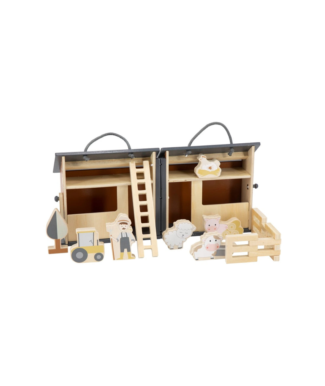 Quinta dobrável em madeira Tryco aberta, mostrando todos os seus componentes: animais, fazendeiro, cerca e escada. Brinquedo educativo para crianças a partir dos 3 anos.