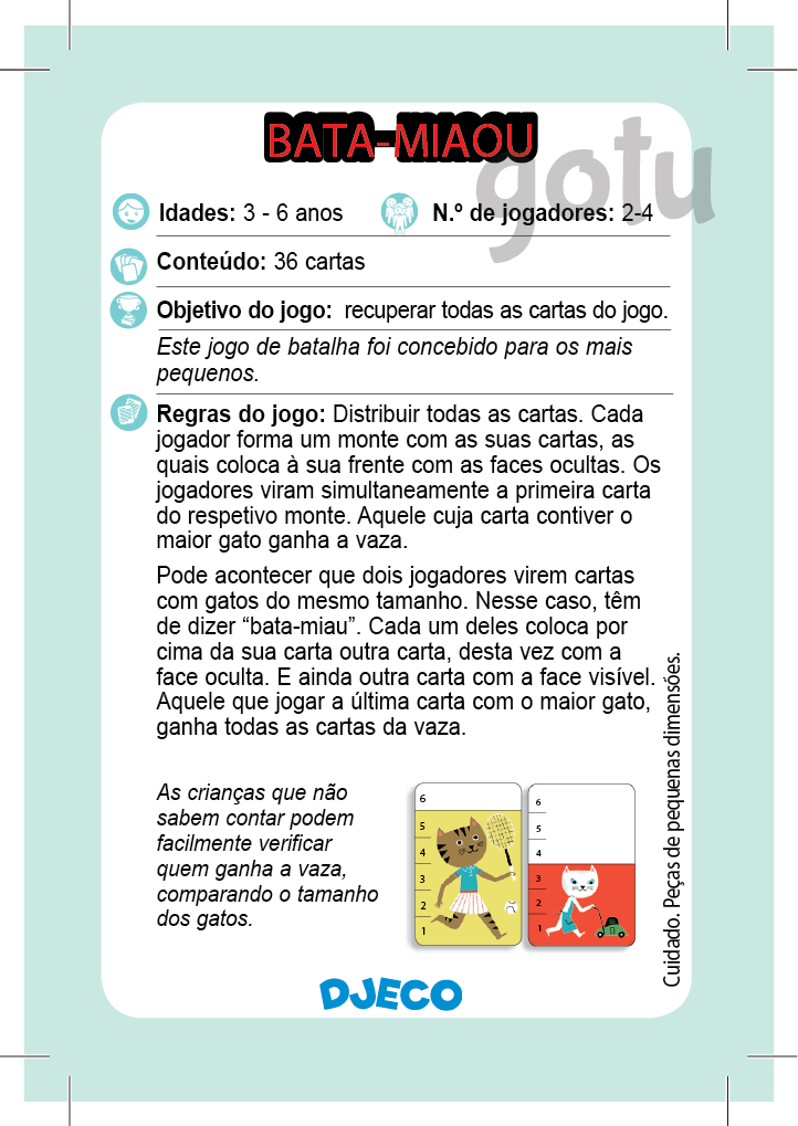 Detalhe das regras e conteúdo do jogo Bata-Miaou da Djeco, incluindo idades, número de jogadores e explicação da jogabilidade de batalha.