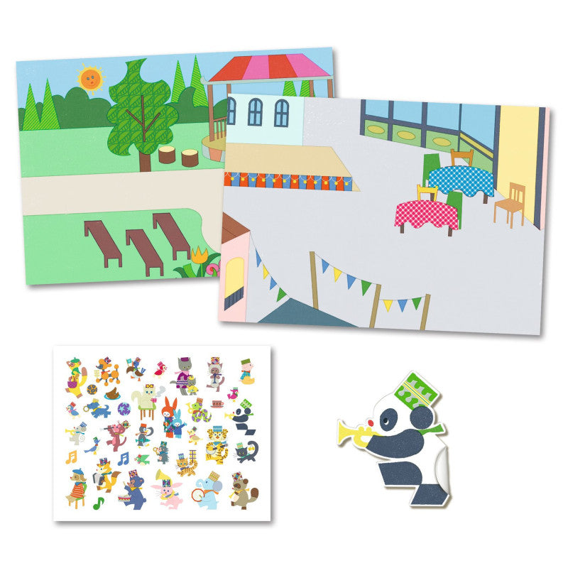 Conjunto Djeco Autocolantes Reposicionáveis - Feira com cena de banda de animais e público, autocolantes espessos e embalagem. Indicado para 3-6 anos.
