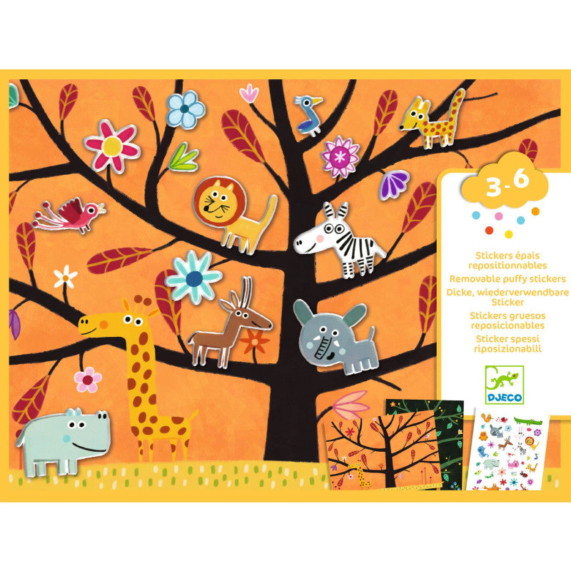 Conjunto de autocolantes Djeco Reposicionáveis Animais com cenário de árvore laranja, repleto de autocolantes de animais como girafa, leão, zebra e rinoceronte, e flores, com indicação de idade 3-6 anos.