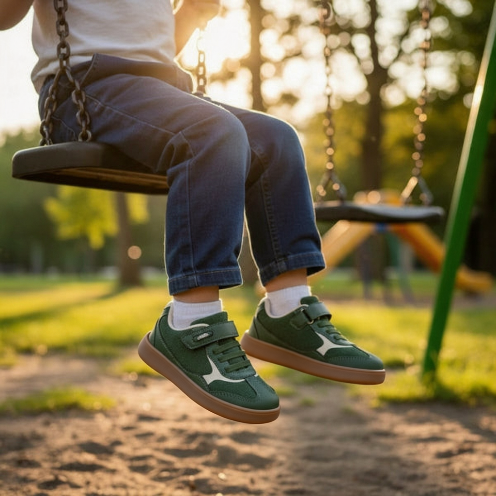 Criança num baloiço com sapatilhas Chetto Barefoot Mesh Verde