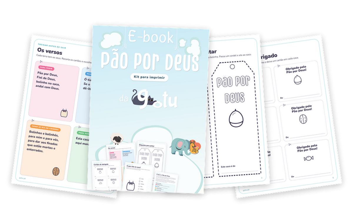Páginas do kit Pão por Deus para imprimir: capa, etiquetas para o saco, versos tradicionais e cartões de obrigado