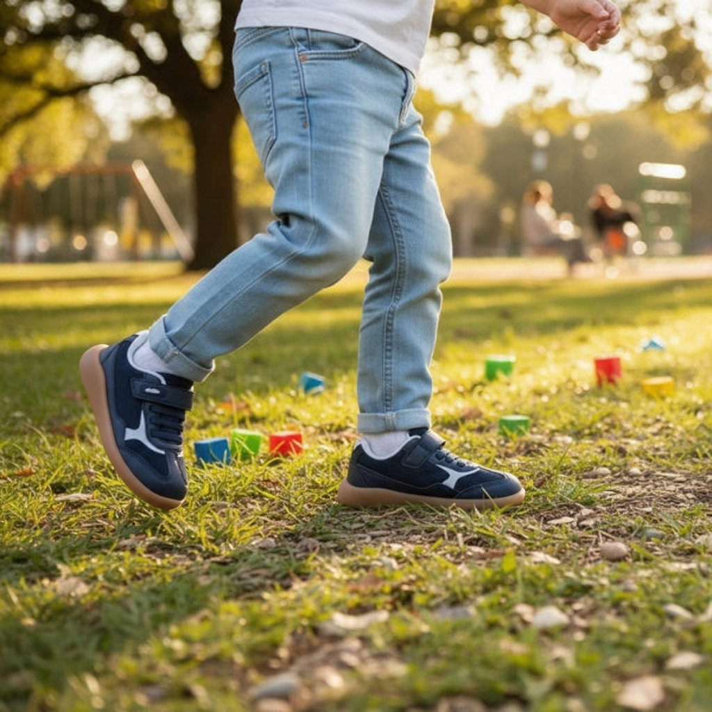 Criança a brincar no parque com sapatilhas Chetto Barefoot Mesh Azul