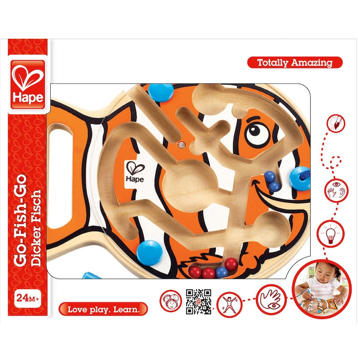 Embalagem do labirinto magnético Hape Peixe Palhaço, mostrando o design do brinquedo e a faixa etária recomendada (24+ meses).