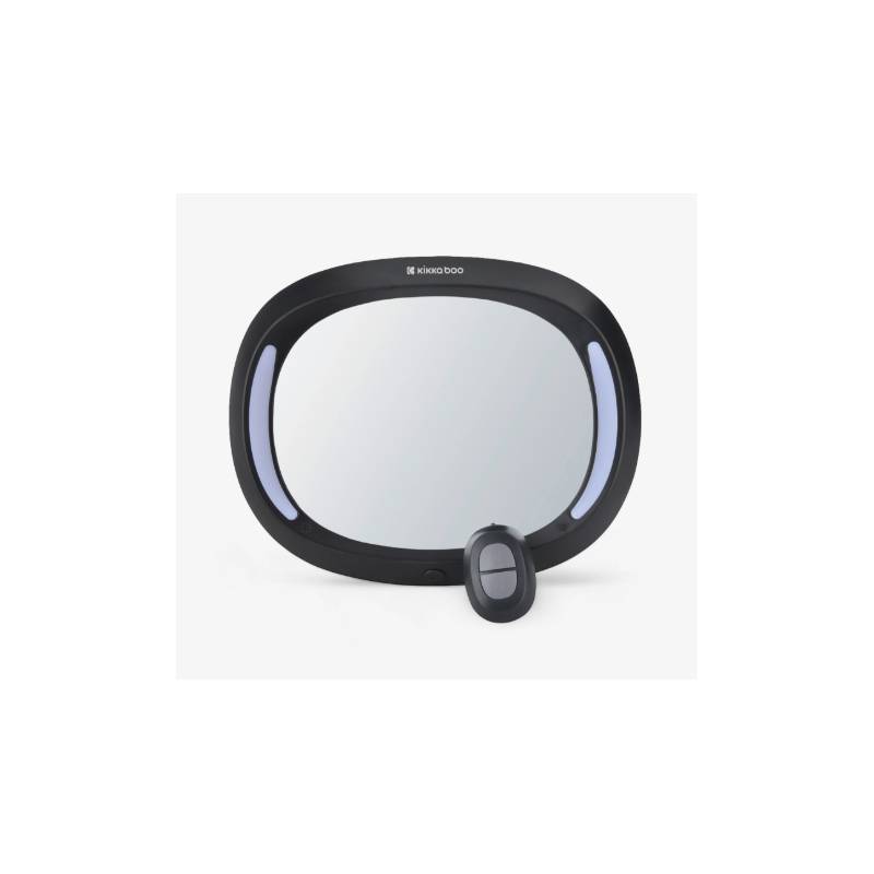 Espelho auto Kikkaboo com LED e controlo remoto, mostrando o design e a iluminação LED.