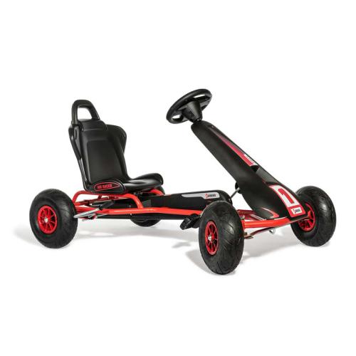 RollyToys Gokart a pedais ATX-Racer, estrutura vermelha, assento preto e rodas pretas com aros vermelhos, visto de lado.