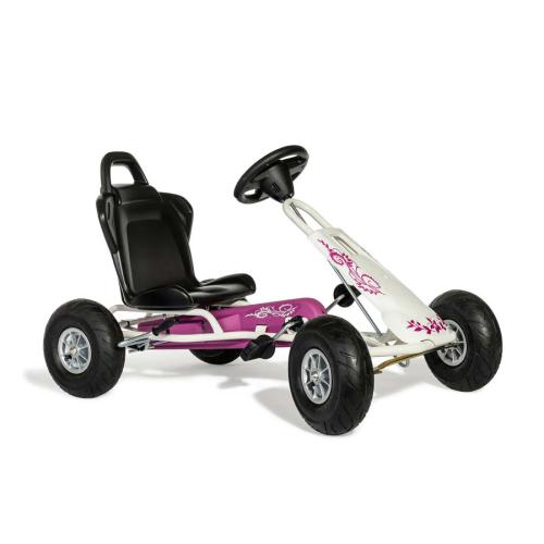 GoKart a pedais RollyToys com estrutura branca e rosa/magenta, com detalhes florais, ideal para menina.