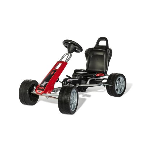 RollyToys Gokart a pedais ATX-Racer, estrutura vermelha e preta, com assento ajustável e rodas pneumáticas, visto em ângulo.