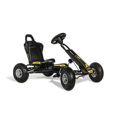 RollyToys Gokart a pedais ATX-Racer preto e vermelho, visto de lado, com assento desportivo e pneus robustos.