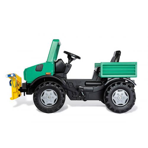 Camião de brincar RollyToys ROLLY UNIMOG verde e preto, visto de perfil, destacando o assento ajustável e o limpa-neves.