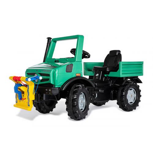 Camião de brincar RollyToys ROLLY UNIMOG verde, com lâmina amarela frontal, visto de lado, ideal para crianças.