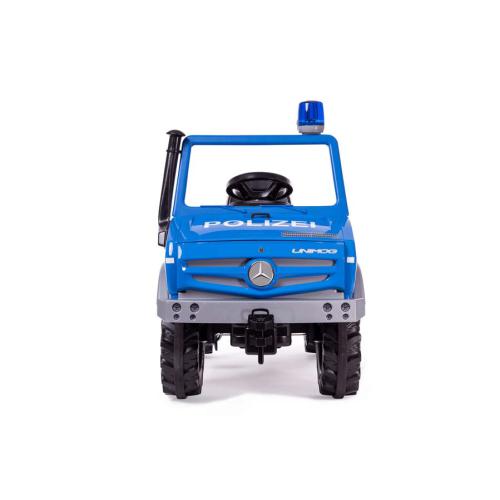 Vista frontal do RollyToys Unimog de brincar azul, com luz de polícia no tejadilho e volante, pronto para missões.