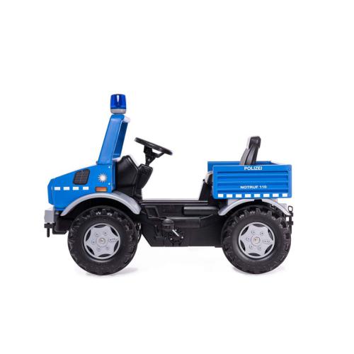 Vista lateral do RollyToys Unimog Polícia, veículo a pedais com luz azul e caçamba, ideal para crianças de 3 a 8 anos.