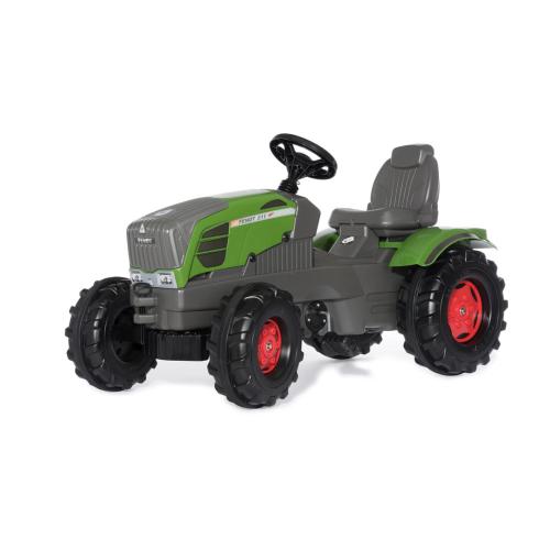 Trator de pedais RollyToys Farmtrac Premium verde e cinzento, modelo Fendt, com rodas traseiras vermelhas, robusto e detalhado.