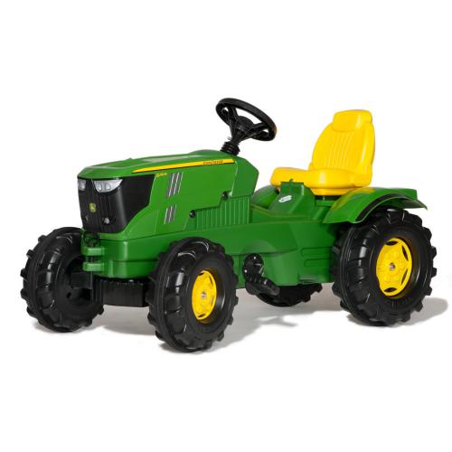 Trator de pedais RollyToys Farmtrac Premium verde, modelo John Deere, com assento amarelo, para jovens agricultores.