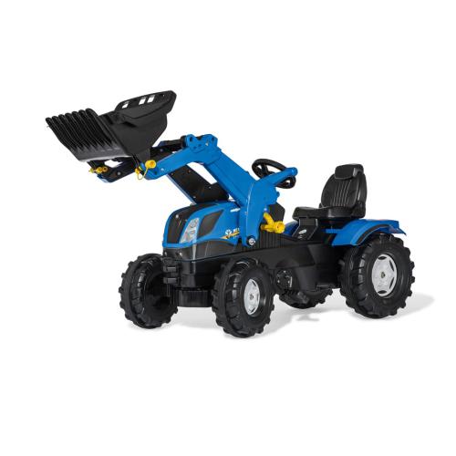 Trator de pedais RollyToys verde e amarelo com pá frontal grande, visto de frente, ideal para crianças de 3 a 8 anos.