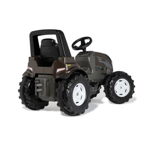Vista traseira do trator de pedais RollyToys Farmtrac Premium, destacando o assento, o arco de segurança preto e as rodas robustas.