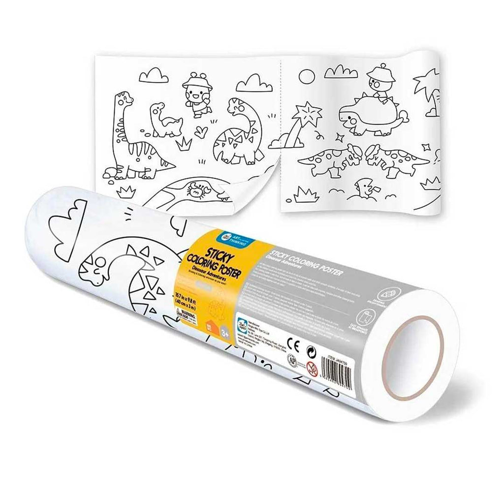 Rolo de papel para colorir autocolante com tema de dinossauros, parcialmente desenrolado, mostrando ilustrações a preto e branco e o rolo principal.
