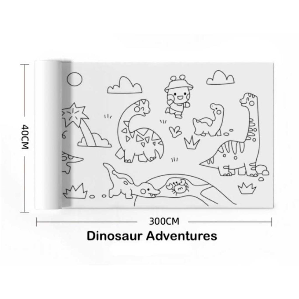 Dimensões do rolo de colorir autocolante de dinossauros, indicando 40 cm de altura e 300 cm de comprimento (3 metros).