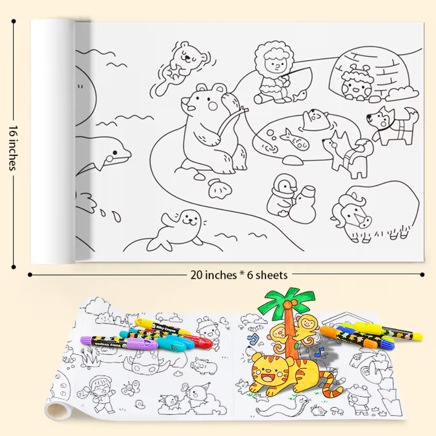 Esquema visual comparando as dimensões do rolo de colorir, mostrando 16 polegadas de largura e 20 polegadas de comprimento por 6 folhas, com exemplos de desenhos e marcadores.
