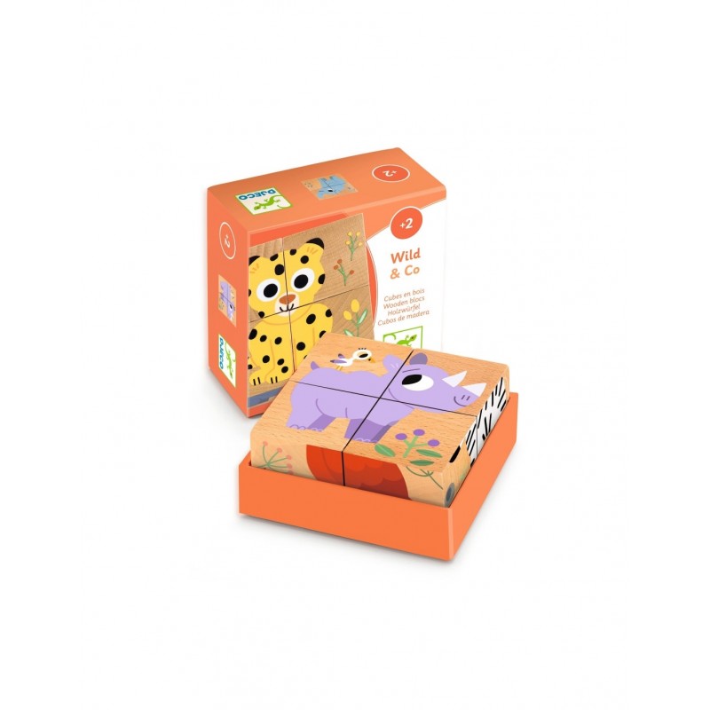 Djeco Wild and Co – Puzzle Cubos de Madeira com Animais