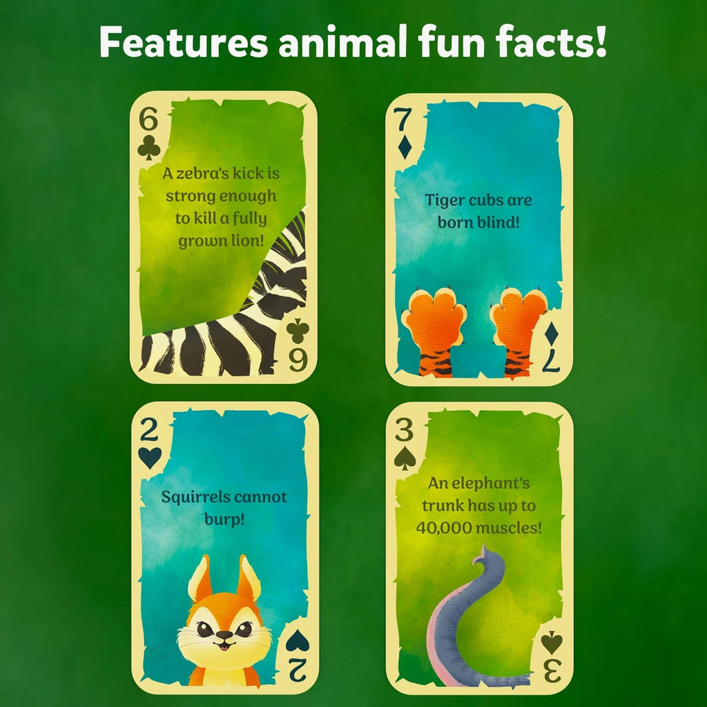 Quatro cartas de jogar Skillmatics lado a lado, destacando factos sobre animais como a força do coice da zebra, cegueira dos bebés tigre, incapacidade dos esquilos arrotar e a quantidade de músculos na tromba do elefante.