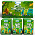 Caixa exterior e três baralhos individuais de cartas Skillmatics com tema animal, mostrando o título "Animal Playing Cards" e a indicação de 15 pacotes para festas.