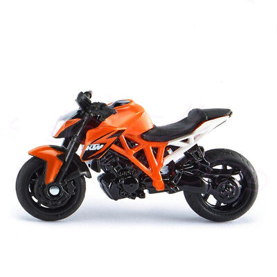 Miniatura SIKU da mota KTM 1290 Super Duke R em die-cast, cor laranja e preta, com pneus de borracha.