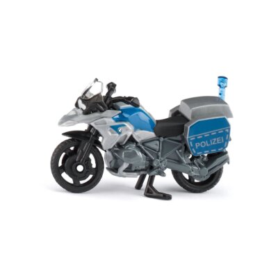 Miniatura SIKU da mota da polícia BMW R1200 GS, vista de lado, exibindo os detalhes realistas, a cor azul e prateada e a inscrição 'Polizei'.