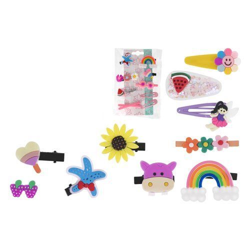 Variedade de ganchos para cabelo infantis coloridos e lúdicos com designs de arco-íris, flor, fada, melancia, cavalo, estrela-do-mar e gelado.