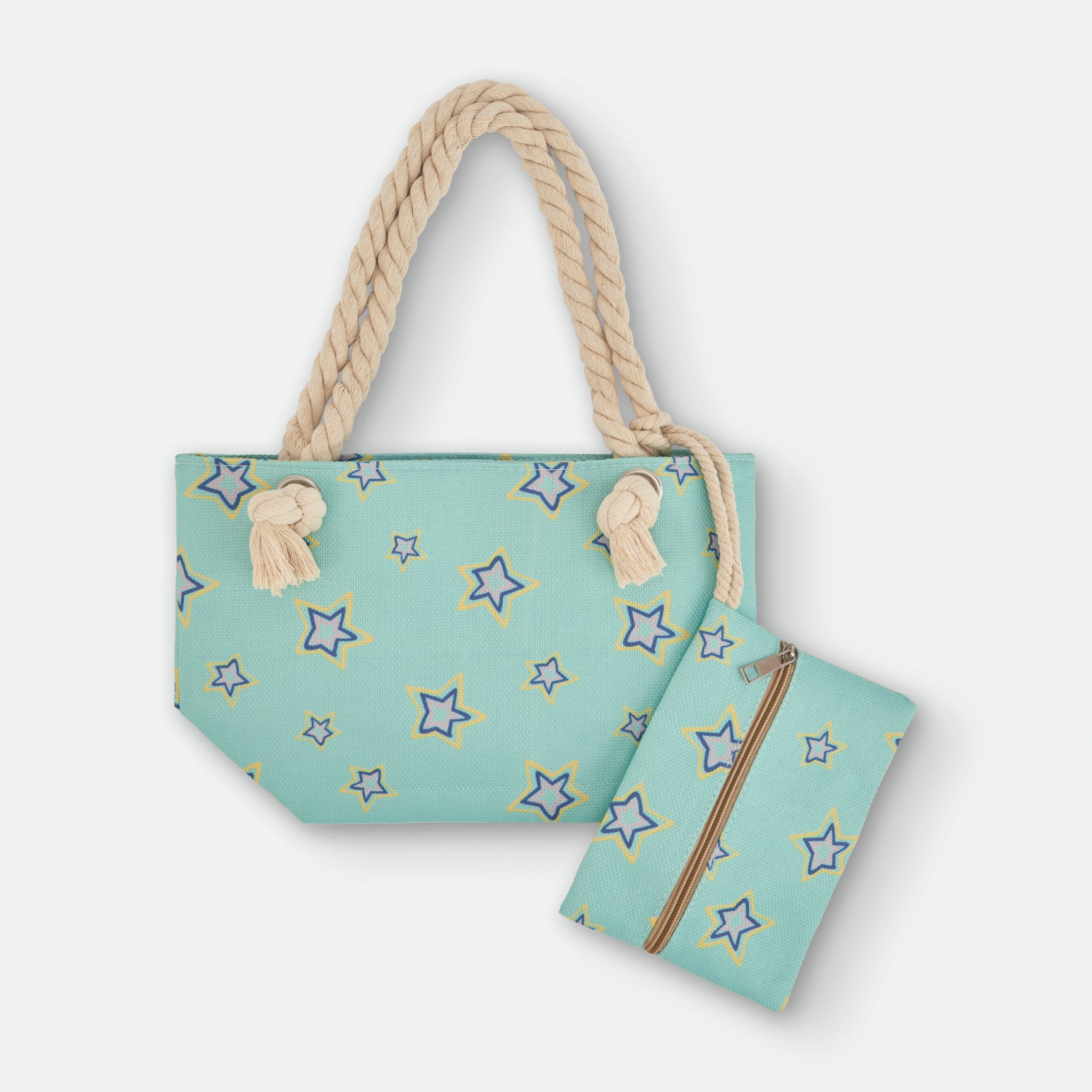 Saco de praia Waterlemon com padrão de estrelas em fundo turquesa.