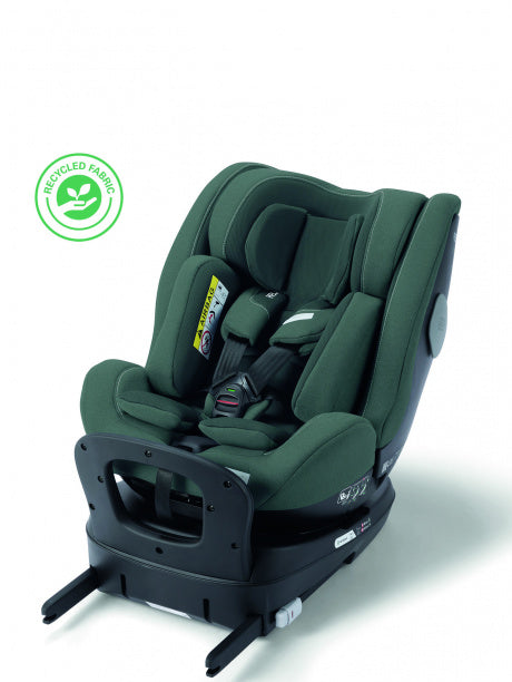 Cadeira auto verde floresta, com ISOFIX e Perna de Suporte, design ergonômico visível.