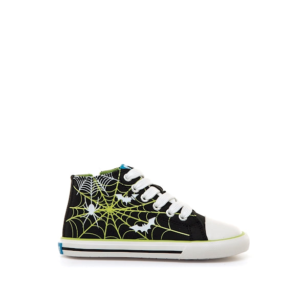 Sapatilha abotinada barefoot Mustang Losfo preta com estampado de morcegos e teias verdes