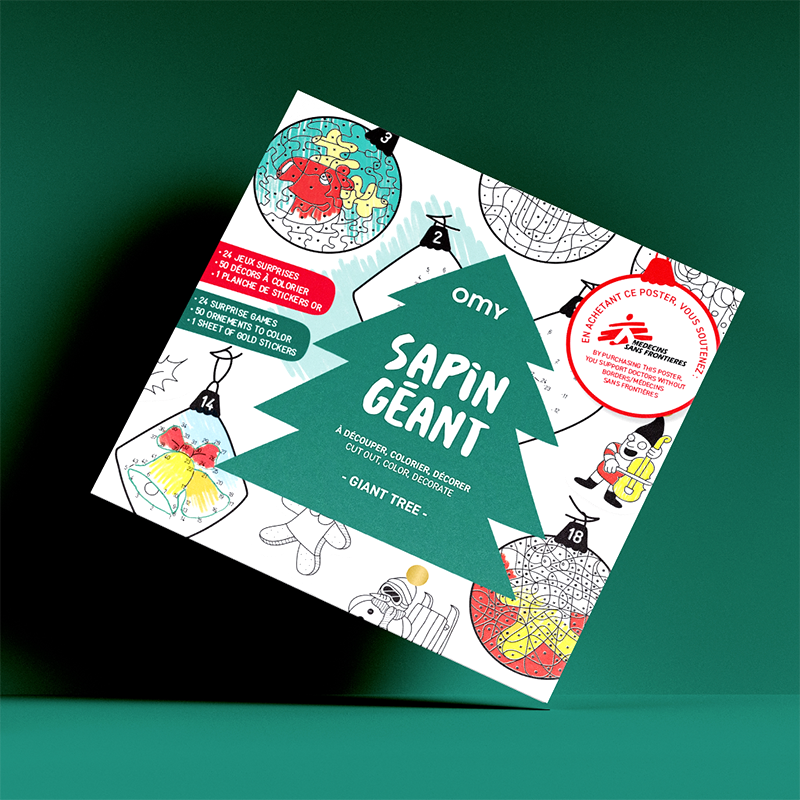 Capa do OMY Poster Pintar XL - Árvore de Natal, mostrando o poster dobrado com ilustrações festivas e a árvore de Natal gigante em destaque.