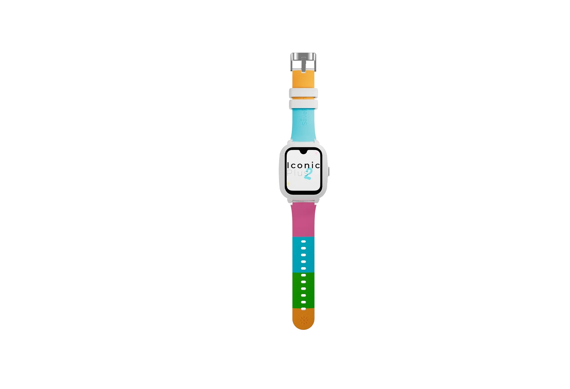 SaveWatch Iconic Plus 2 com bracelete branca e personalização de cores vibrantes (laranja, azul, rosa, verde) em estilo intercambiável.