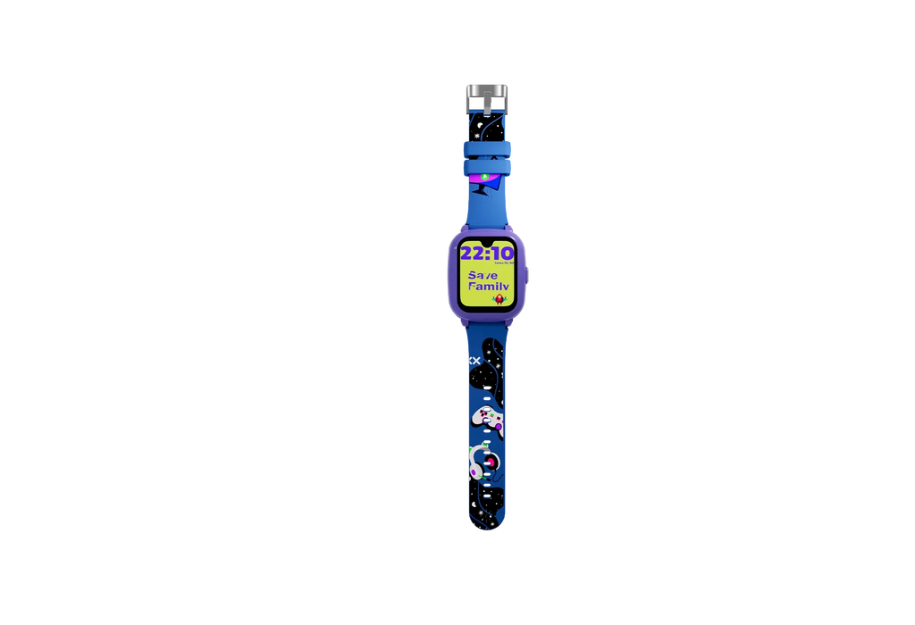SaveWatch Iconic Plus 2 azul/roxo com bracelete com desenhos de videojogos e estrelas. Ecrã mostra hora e logo Save Family.