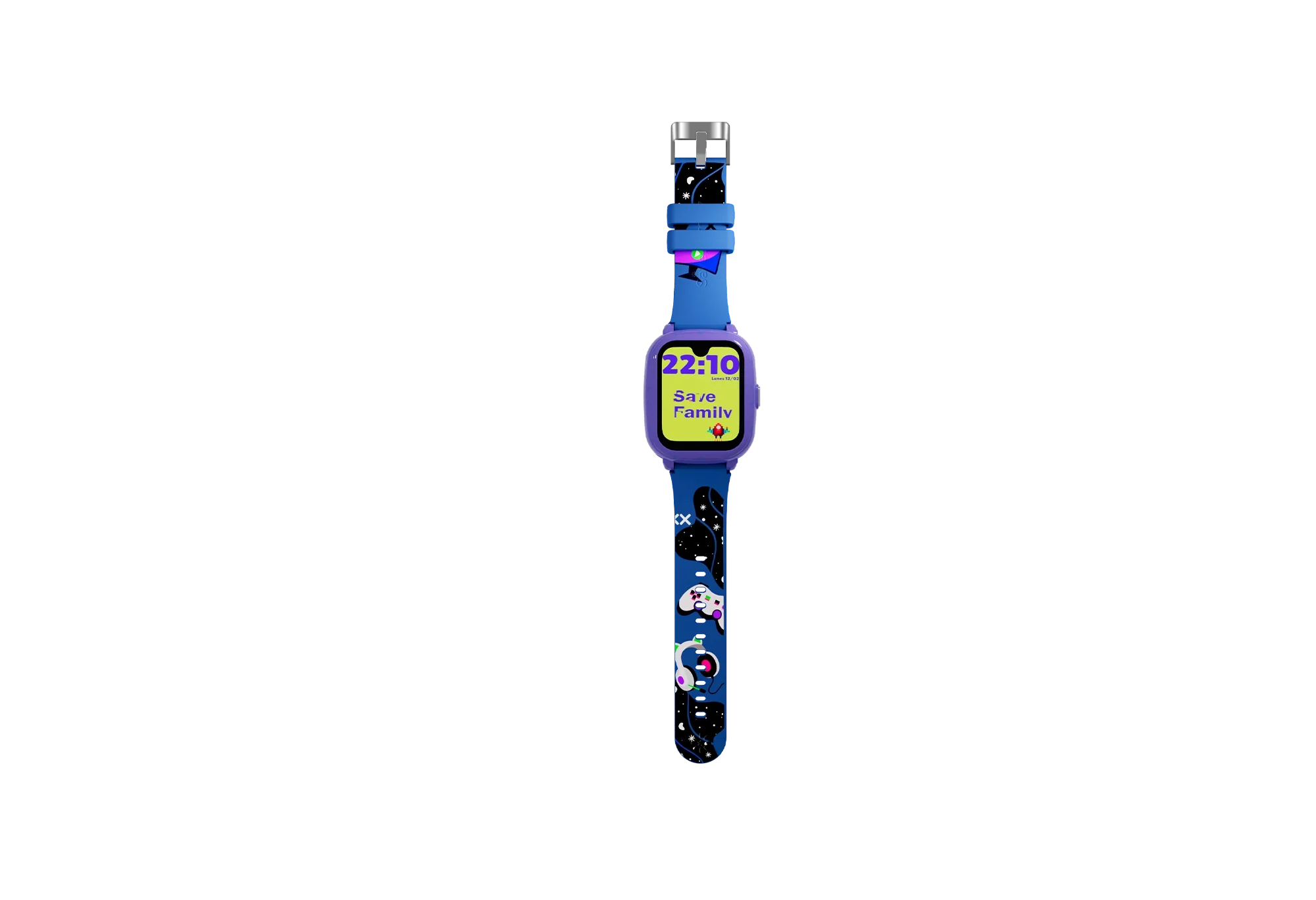 SaveWatch Iconic Plus 2 azul/roxo com bracelete com desenhos de videojogos e estrelas. Ecrã mostra hora e logo Save Family.