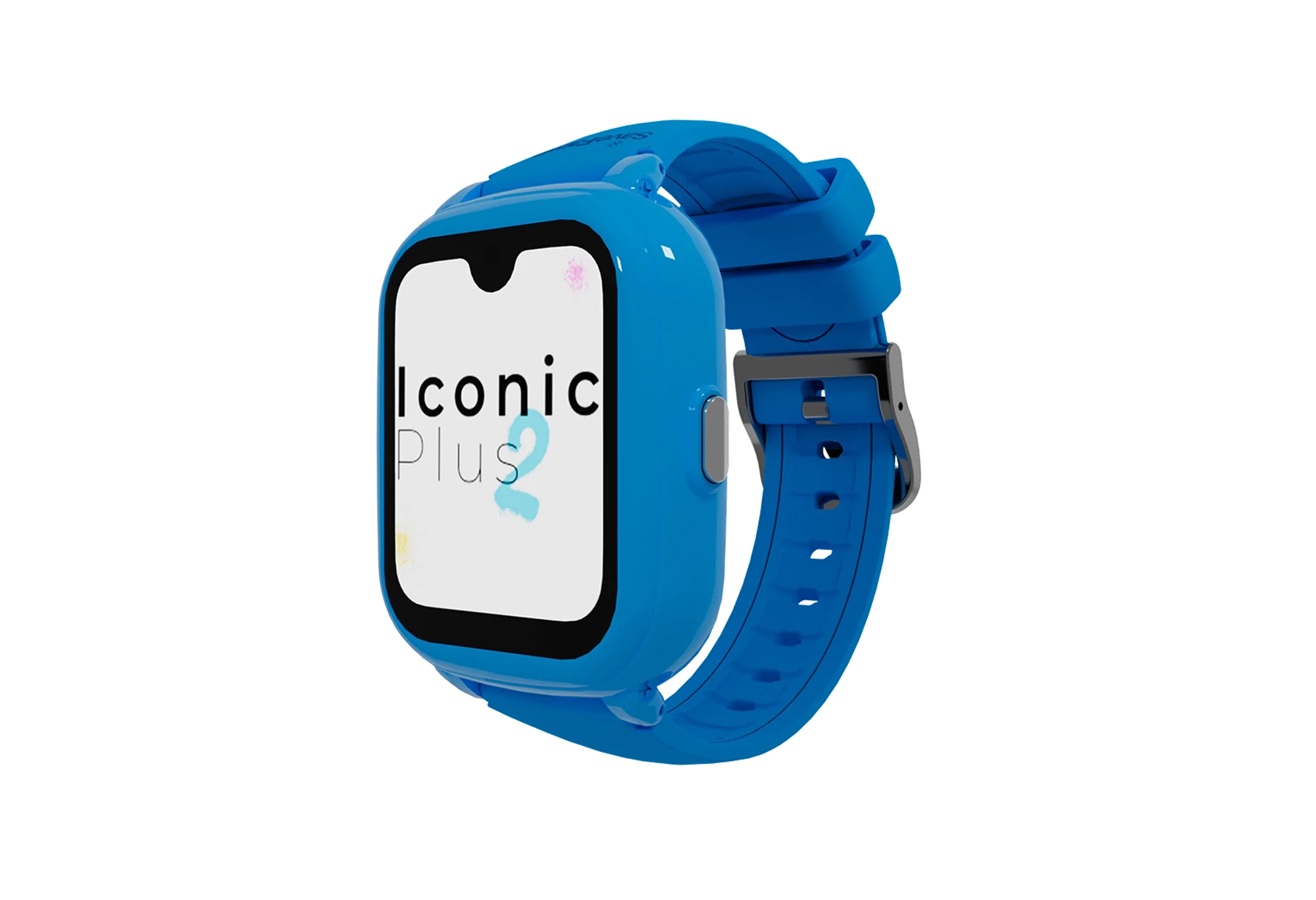 SaveWatch Iconic Plus 2, relógio infantil com GPS, na cor azul vibrante, com ecrã a mostrar o logótipo "Iconic Plus 2".