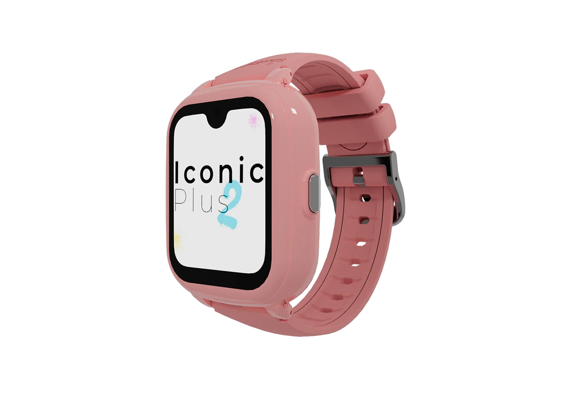 SaveWatch Iconic Plus 2, relógio infantil com GPS, na cor rosa, com ecrã a mostrar o logótipo "Iconic Plus 2".
