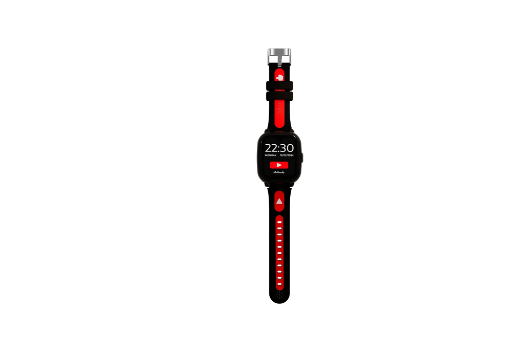 SaveWatch Iconic Plus 2 preto/vermelho com bracelete com ícones de aplicações, mostrando o ecrã com hora e logo do YouTube.