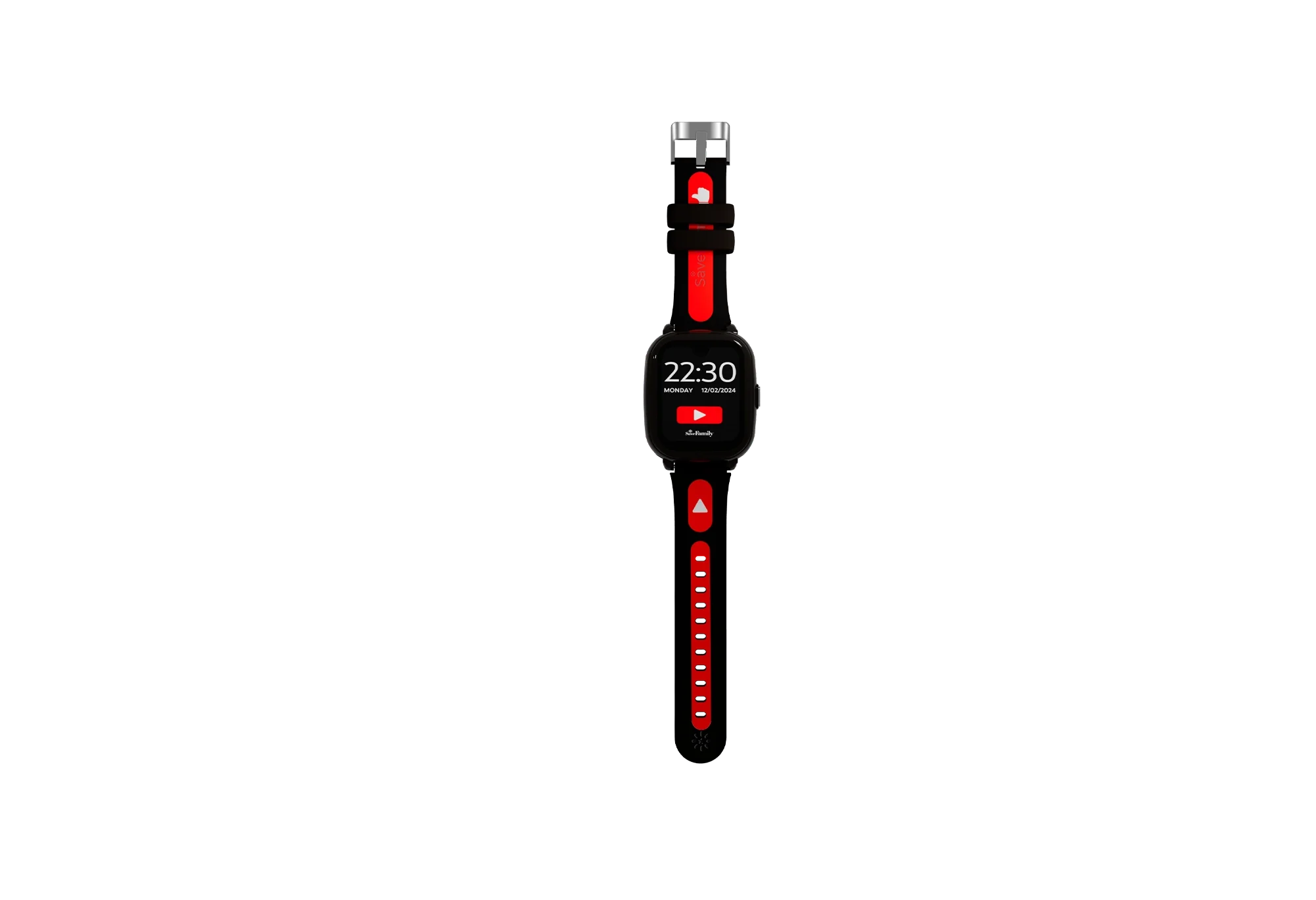SaveWatch Iconic Plus 2 preto/vermelho com bracelete com ícones de aplicações, mostrando o ecrã com hora e logo do YouTube.