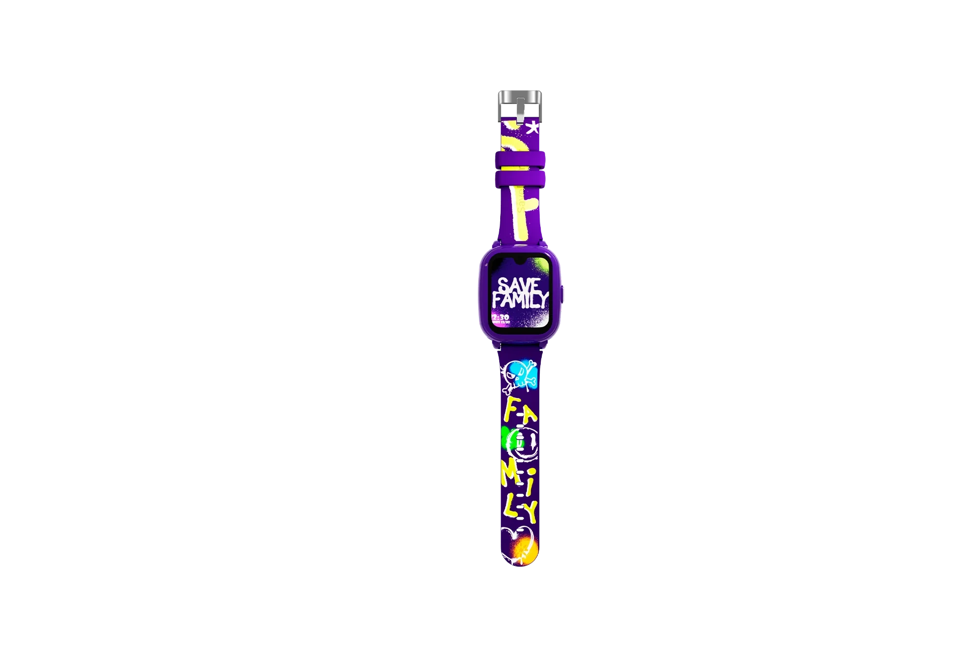 SaveWatch Iconic Plus 2 roxo com bracelete decorada com estrelas e a palavra "FAMILY". Ecrã ligado com logo Save Family.