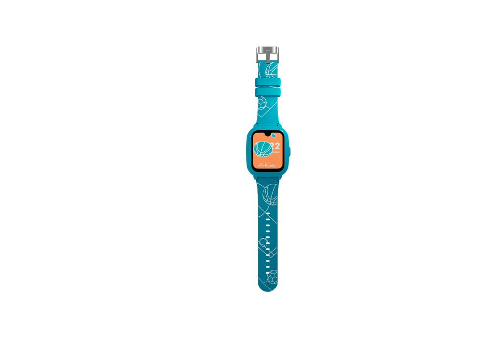 SaveWatch Iconic Plus 2 turquesa com bracelete com motivos de desporto (futebol, basquetebol). Ecrã mostra hora e data.