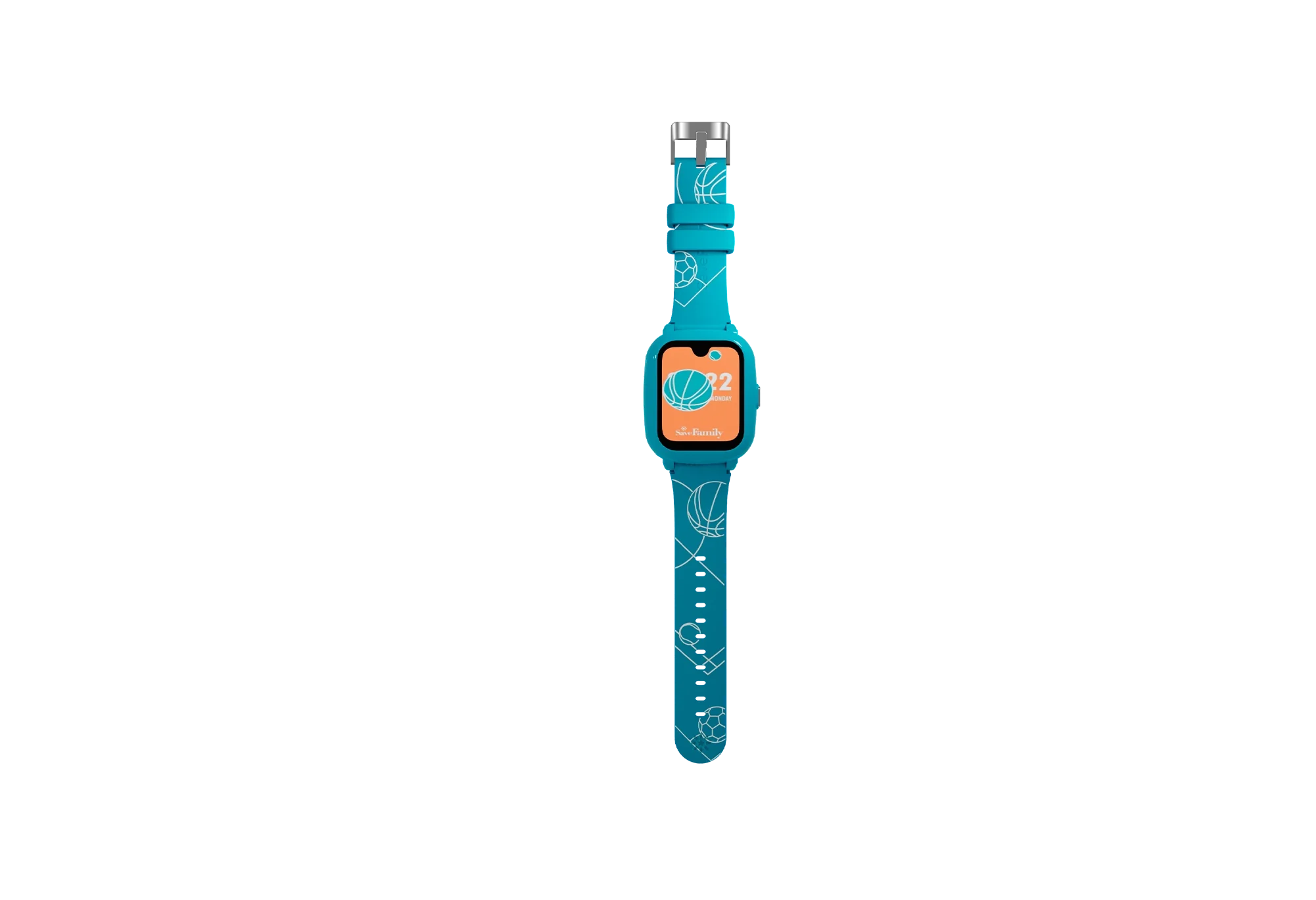 SaveWatch Iconic Plus 2 turquesa com bracelete com motivos de desporto (futebol, basquetebol). Ecrã mostra hora e data.